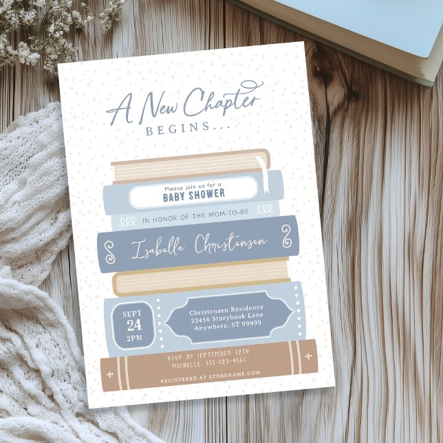 Neues Kapitel Bücher Storybook Kinderdusche Einladung (Shown on a 5" x 7" invitation)