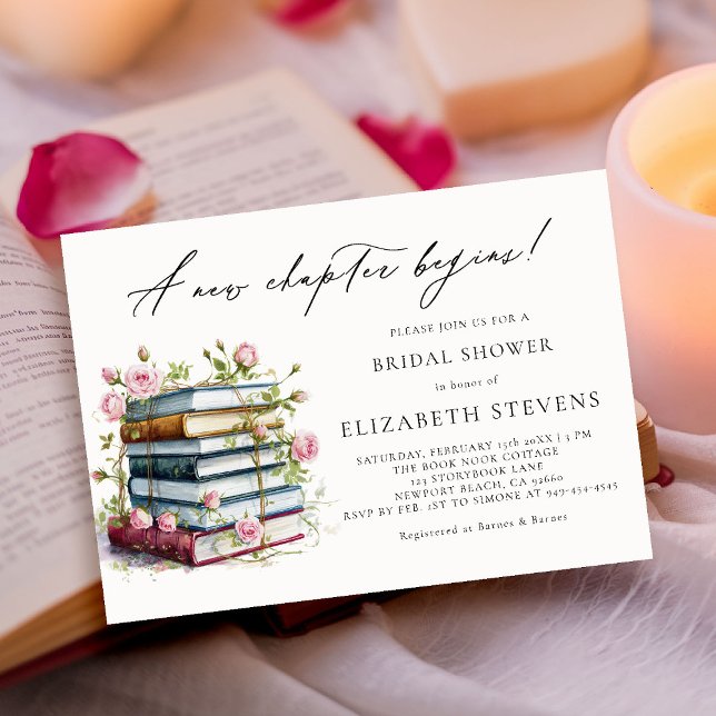Neues Kapitel Buchüberlauf Bookworm Rose Brautpart Einladung (a new chapter book lover bridal shower invitation watercolor rose vines floral botanical calligraphy)