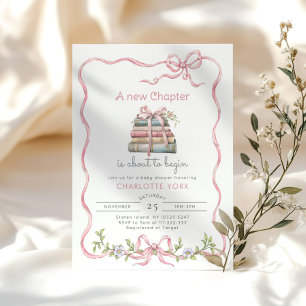 Neues Kapitel Rosa Schleife Wildblume Babyparty Einladung