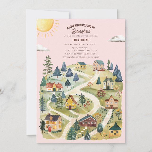 Neues Kid Heimat Wasserfarbe Pink Fall Baby Dusche Einladung (Vorderseite)