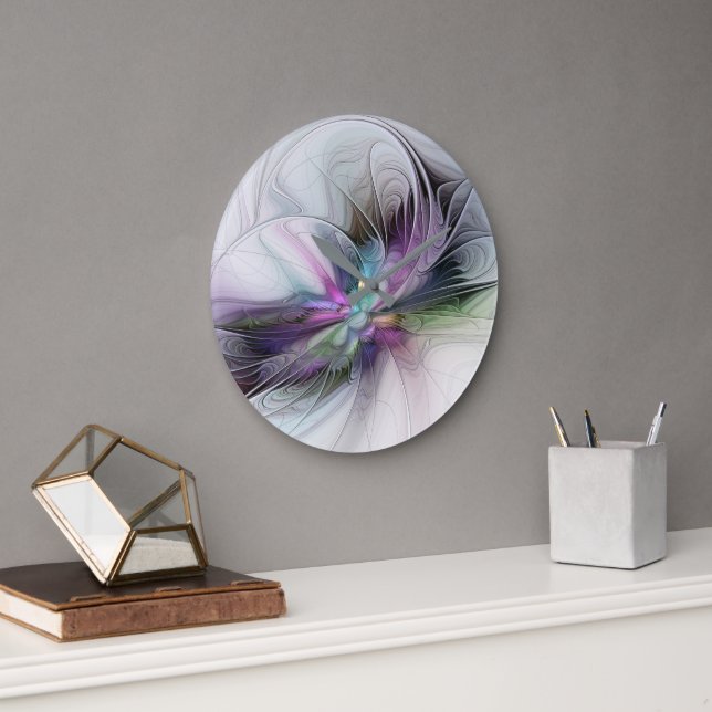 Neues Leben, buntes Abstraktes Fraktal Kunstfantas Große Wanduhr (Büro)