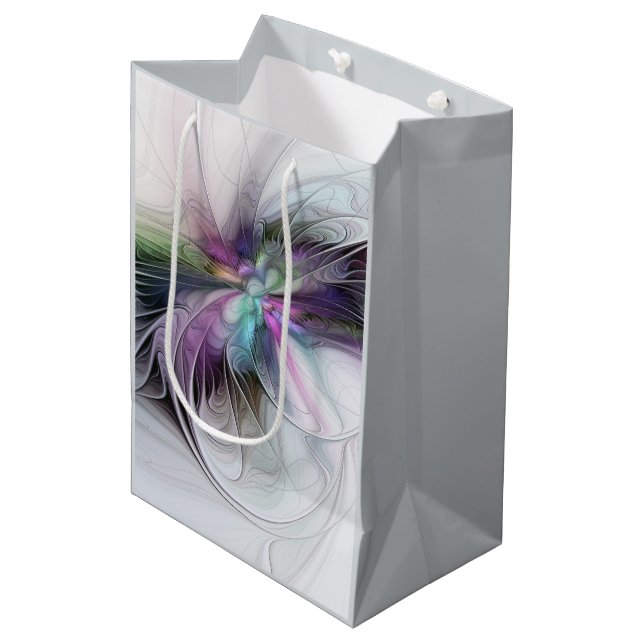Neues Leben, buntes Abstraktes Fraktal Kunstfantas Mittlere Geschenktüte (Vorderseite Schrägansicht)