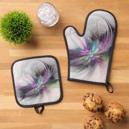 Neues Leben, buntes Abstraktes Fraktal Kunstfantas Ofenhandschuh & Topflappen-Set