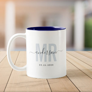 Neues MR Individuelle Name Wedding Date Blue Zweifarbige Tasse