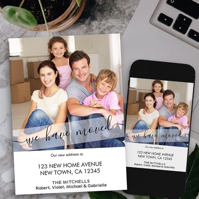 Neues Zuhause-Foto Wir haben elegantes Skript über Ankündigung (script photo new address card available printed or as printable digital download)
