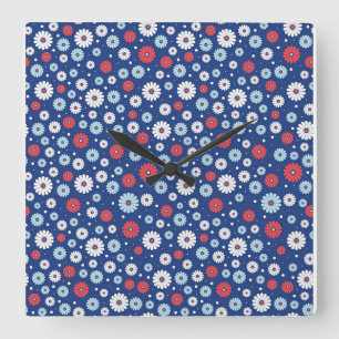 Neues Zuhause-Geschenk Rote und weiße Ditsy Flo Quadratische Wanduhr
