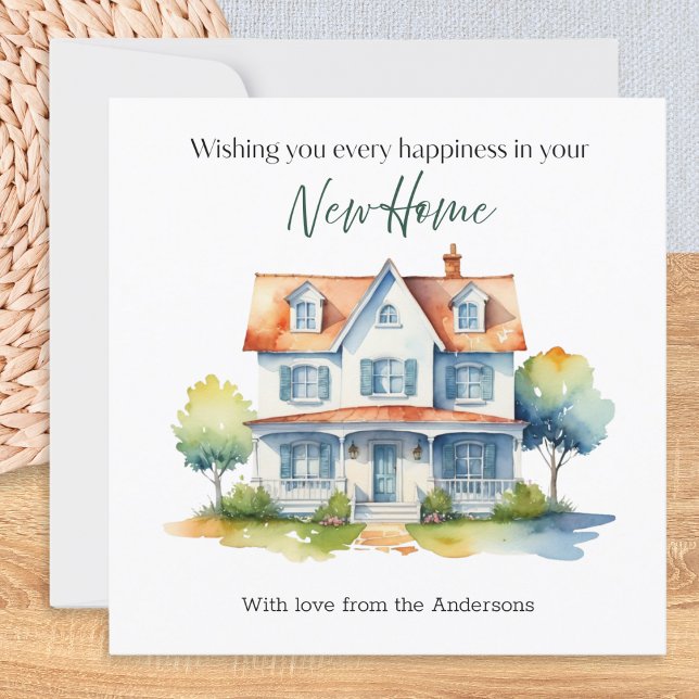 Neues Zuhause Glück Wasserfarbe Personalisiert Karte (A personalized card in a watercolor style, to wish friends or family happiness in their new Home)