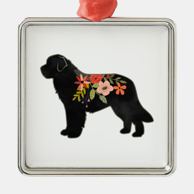 Neufundland Hund Breed Boho Floral Silhouette Ornament Aus Metall (Vorne)