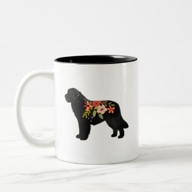 Neufundland Hund Breed Boho Floral Silhouette Zweifarbige Tasse (Links)