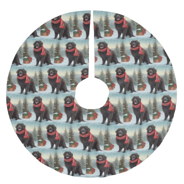 Neufundland Hund in Schnee Weihnachten Polyester Weihnachtsbaumdecke (Vorderseite)