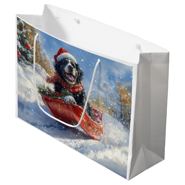 Neufundland Hund in Sledge Let it Snow Christmas Große Geschenktüte (Vorderseite Schrägansicht)