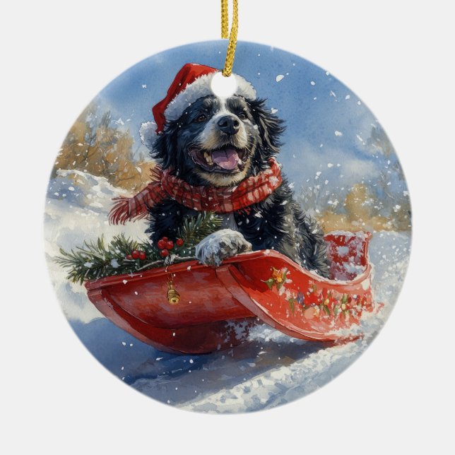 Neufundland Hund in Sledge Let it Snow Christmas Keramik Ornament (Vorne)