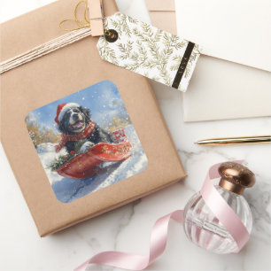 Neufundland Hund in Sledge Let it Snow Christmas Quadratischer Aufkleber