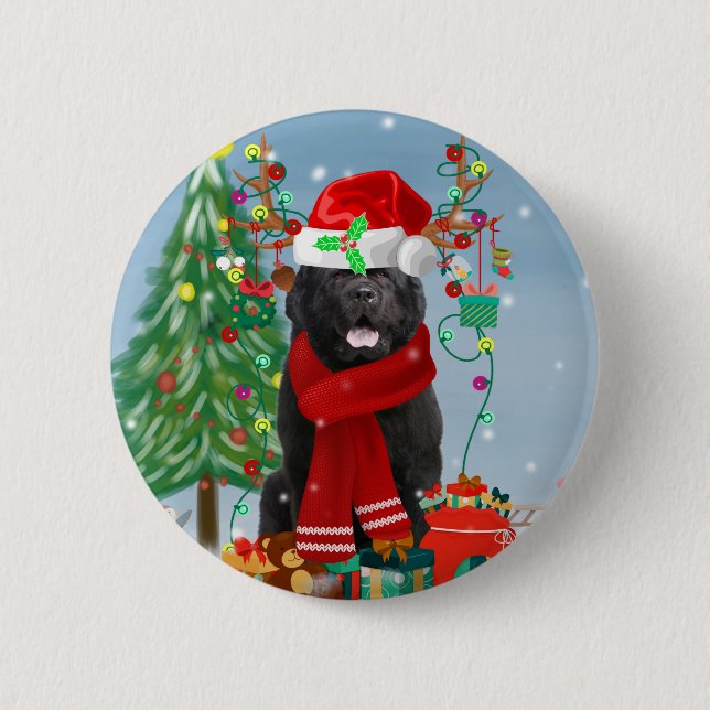 Neufundland Hund mit Weihnachtsgeschenken Button (Vorderseite)