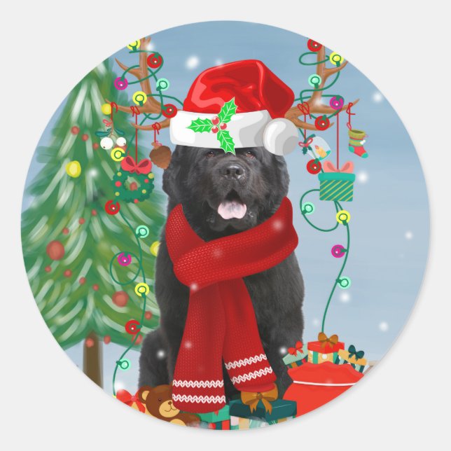 Neufundland Hund mit Weihnachtsgeschenken Runder Aufkleber (Vorderseite)