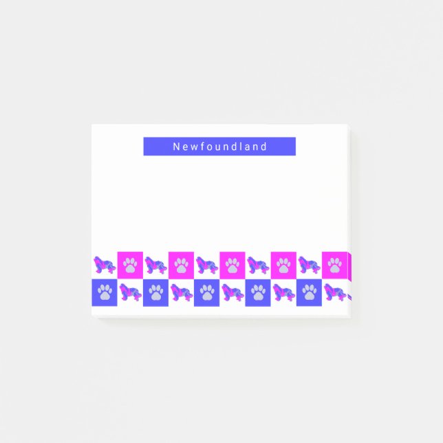 Neufundland Hund & Paw Hot Pink & Blue Post-it Klebezettel (Vorderseite)