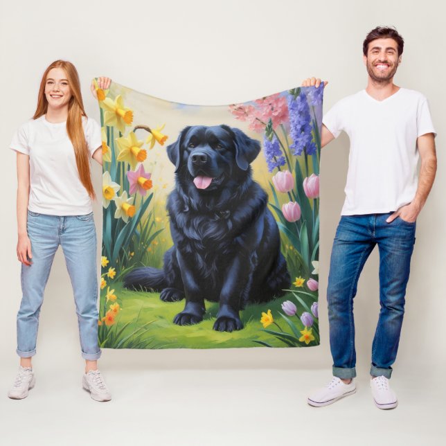 Neufundland Hunde Frühlingsblumen Malerei Fleecedecke (Beispiel)