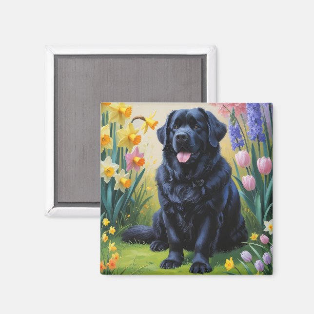 Neufundland Hunde Frühlingsblumen Malerei Magnet (Vorderseite/Rückseite)