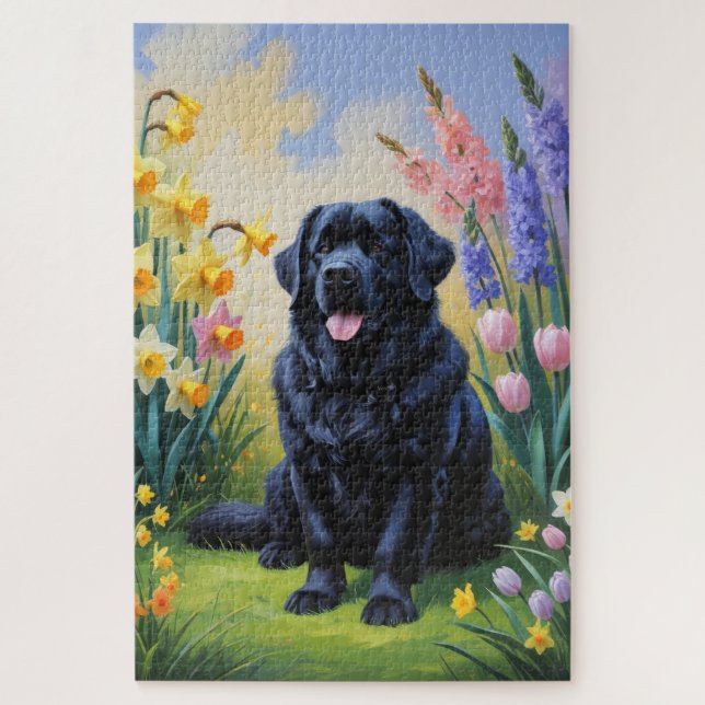 Neufundland Hunde Frühlingsblumen Malerei Puzzle (Vertikal)