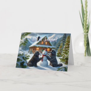 Neufundland Hunde Gebäude a Snowman Card Feiertagskarte