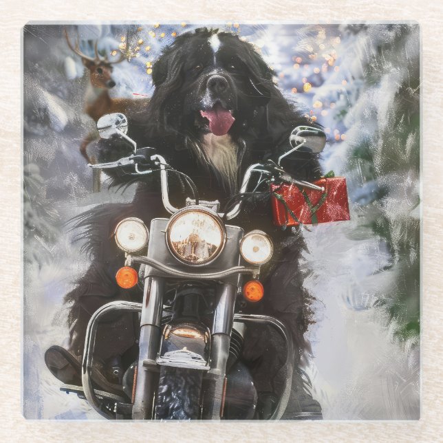 Neufundland Hunde reiten Motorrad Weihnachten Glasuntersetzer (Vorderseite)