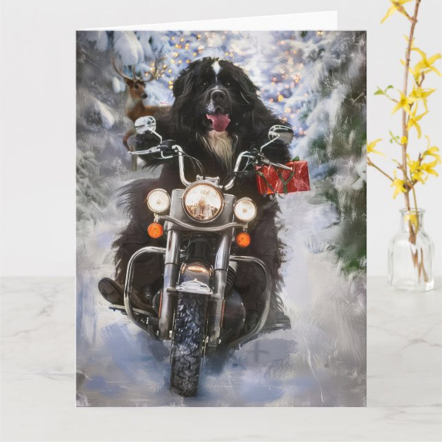 Neufundland Hunde reiten Motorrad Weihnachten Karte (Gelbe Blume)