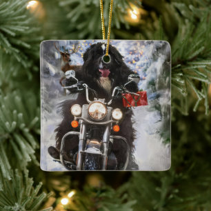 Neufundland Hunde reiten Motorrad Weihnachten Keramikornament