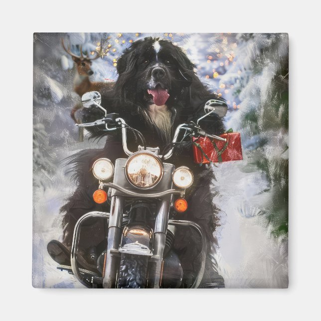 Neufundland Hunde reiten Motorrad Weihnachten Magnet (Vorne)