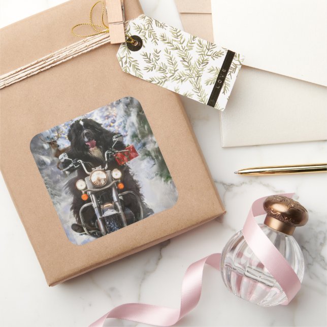 Neufundland Hunde reiten Motorrad Weihnachten Quadratischer Aufkleber (Schenken)