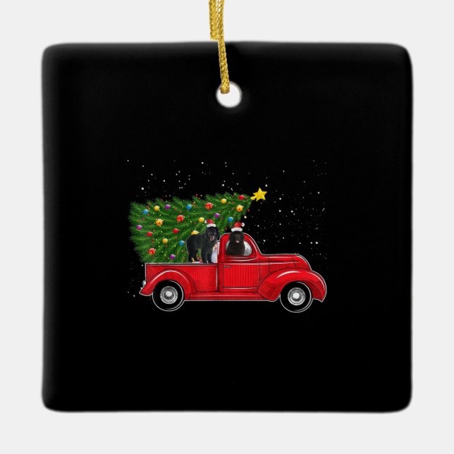 Neufundland Hundeweihnachtsfest auf Red Car Truck  Keramikornament (Vorderseite)