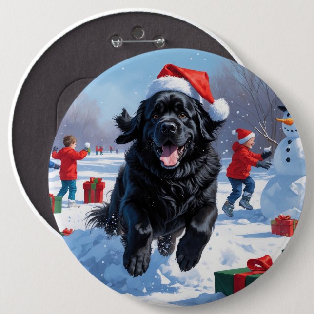 Neufundland läuft im Schnee mit Weihnachtshut Button (Vorne & Hinten)