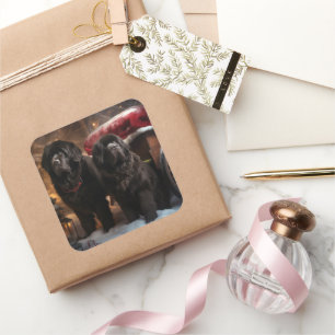 Neufundland Snowy Sleigh Weihnachtsdekor Quadratischer Aufkleber