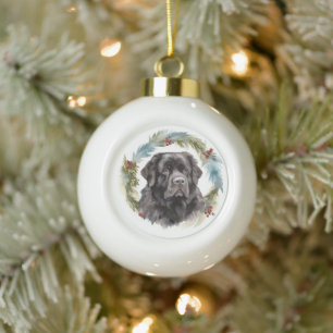 Neufundland-Weihnachts-Kranz Festlicher Welpe Keramik Kugel-Ornament