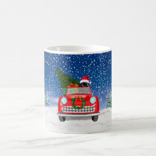 Neufundländer fährt Auto im Schnee Weihnachten Kaffeetasse
