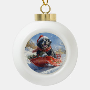Neufundländer-Hund im Schlitten Lass es schneien W Keramik Kugel-Ornament