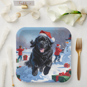 Neufundländer läuft im Schnee mit Weihnachtsmütze Pappteller
