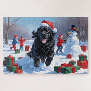 Neufundländer läuft im Schnee mit Weihnachtsmütze Puzzle