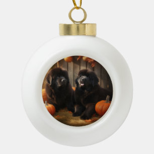 Neufundländer-Welpe Herbstfreude Kürbis Keramik Kugel-Ornament