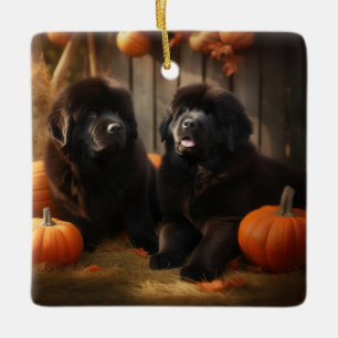 Neufundländer-Welpe Herbstfreude Kürbis Keramikornament