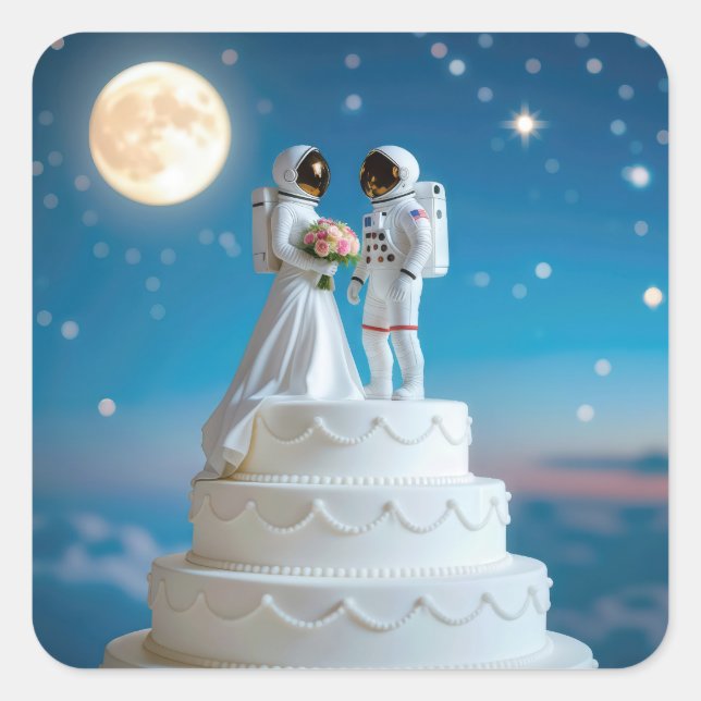 Neugeborene Astronauten auf einer Hochzeitstorte Quadratischer Aufkleber (Vorderseite)