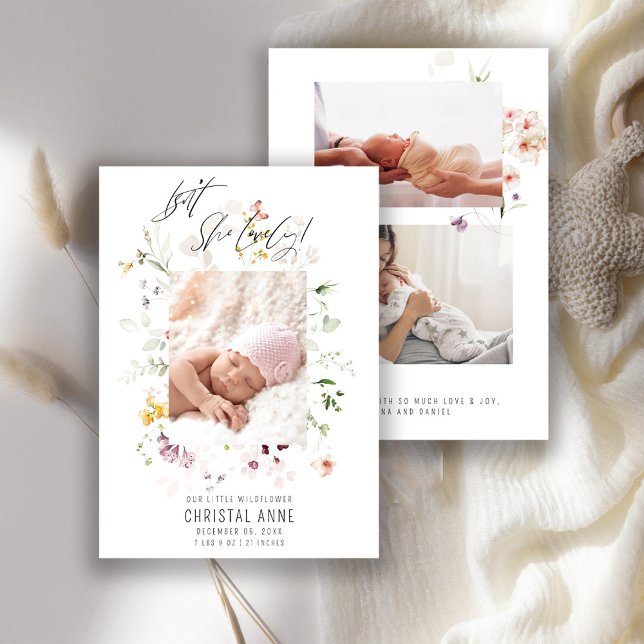 Neugeborene Boho Wildblume Foto Collage Girl Birth Ankündigung (Von Creator hochgeladen)