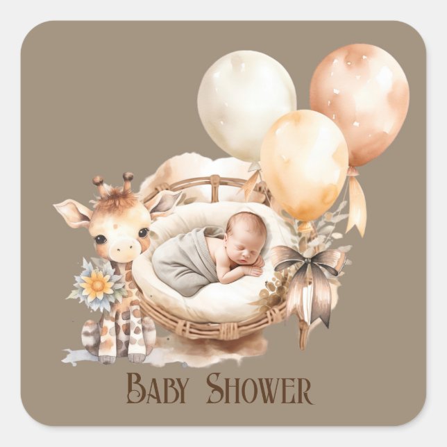 Neugeborene Erde Tone Giraffe Balloons Babydusche Quadratischer Aufkleber (Vorderseite)