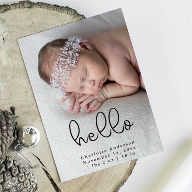 Neugeborene Foto Kalligraphie Geburt Ankündigung (Baby Photo Modern Elegant Calligraphy Birth Announcement Front view)