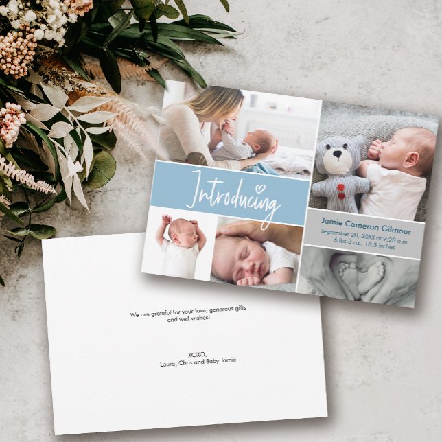 Neugeborene Fotos Herz Blau Geburt Ankündigung (Modern blue Introducing handlettering script heart detail birth announcement thank you card.)