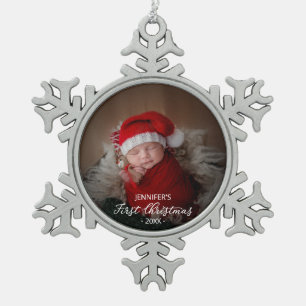 Neugeborene Weihnachten Fügen Sie Ihr Foto hinzu Schneeflocken Zinn-Ornament