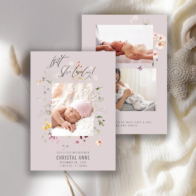 Neugeborene Wildblume Foto Collage Lilac Girl Birt Ankündigung (Von Creator hochgeladen)