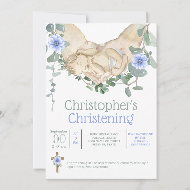 Neugeborener schlafend in Händen Eukalyptus Einladung (Vorderseite)