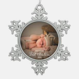 Neugeborenes First Christmas Custom Foto Schneeflocken Zinn-Ornament