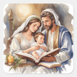 Neugeborenes Jesus mit Maria und Joseph Quadratischer Aufkleber