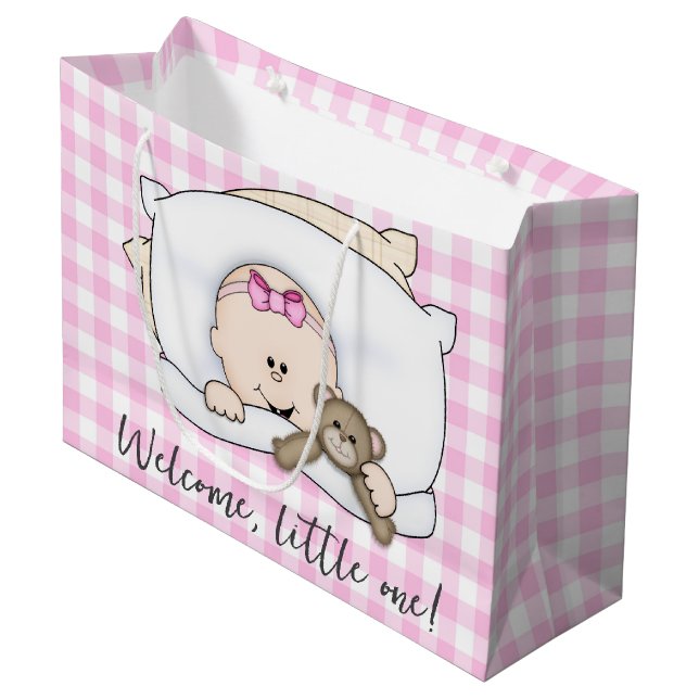 Neugeborenes Mädchen mit Teddybär auf Gingham Große Geschenktüte (Vorderseite Schrägansicht)